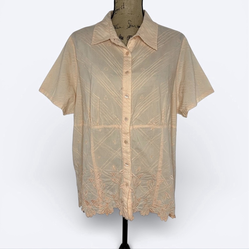 Fashion Bug Button Up Top Peach Floral Embroidered Cottage Spring Y2K Sz 22/24
